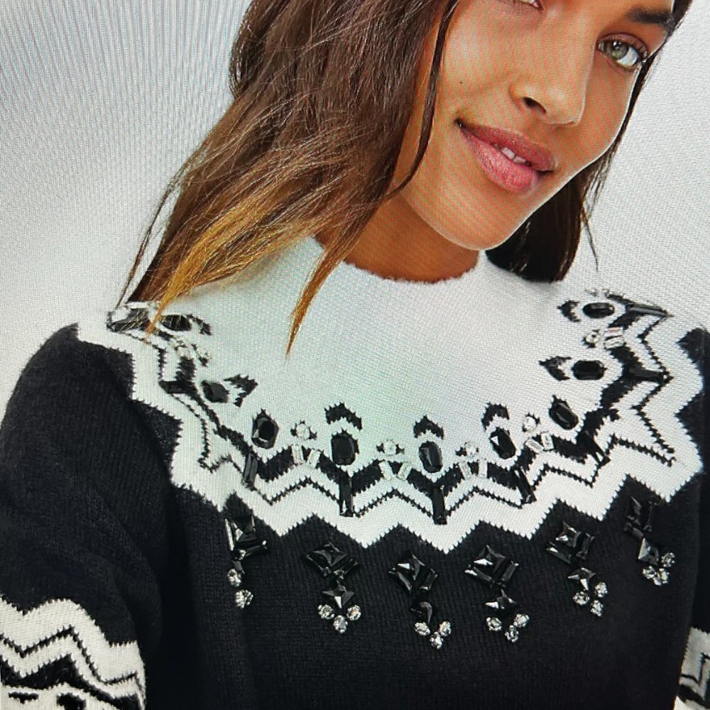 Ann Taylor Jeweled Fair Isle Turtleneck Sweater Color: Winter White Size M